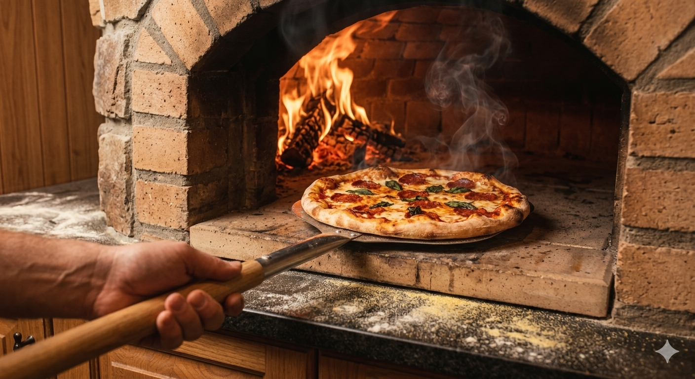 Pizza sendo finalizada no forno